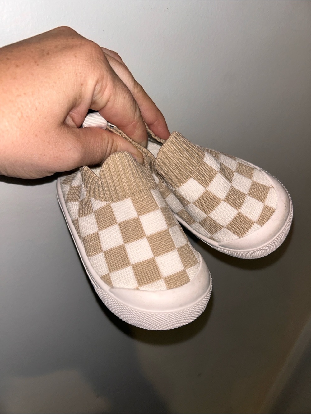 Kids Slip-On Checker Knit Sneakers - Beige/White
